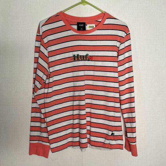 HUF Long Sleeve Shirt Womens Medium Peach Striped Embroidered 100% Cotton‎ - Picture 2 of 8